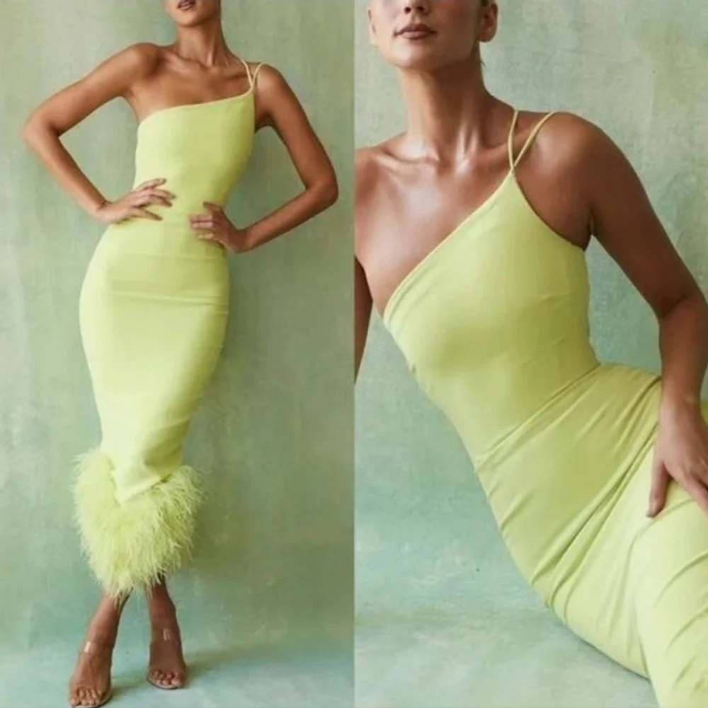 HOUSE OF CB Alessia Asymmetric Feather Trim Midi Dress in Lime Green Size M - Picture 2 of 16